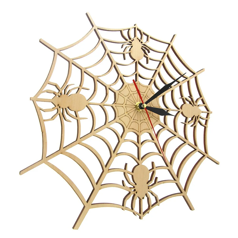 Modern Cob Web Wall Clock in Natural Wood Halloween Nightmare Creepy Spider Wooden Wall Clock Onyx Man Cave
