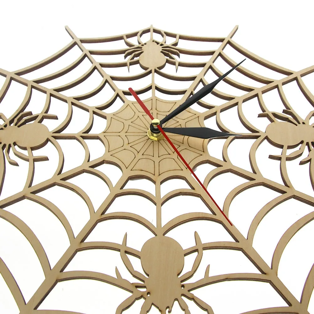 Modern Cob Web Wall Clock in Natural Wood Halloween Nightmare Creepy Spider Wooden Wall Clock Onyx Man Cave