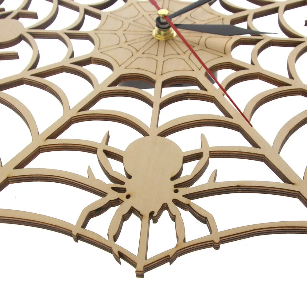 Modern Cob Web Wall Clock in Natural Wood Halloween Nightmare Creepy Spider Wooden Wall Clock Onyx Man Cave