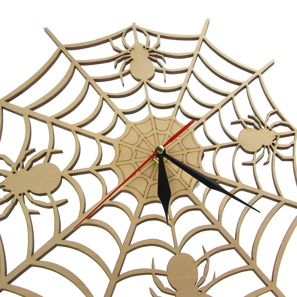 Modern Cob Web Wall Clock in Natural Wood Halloween Nightmare Creepy Spider Wooden Wall Clock Onyx Man Cave
