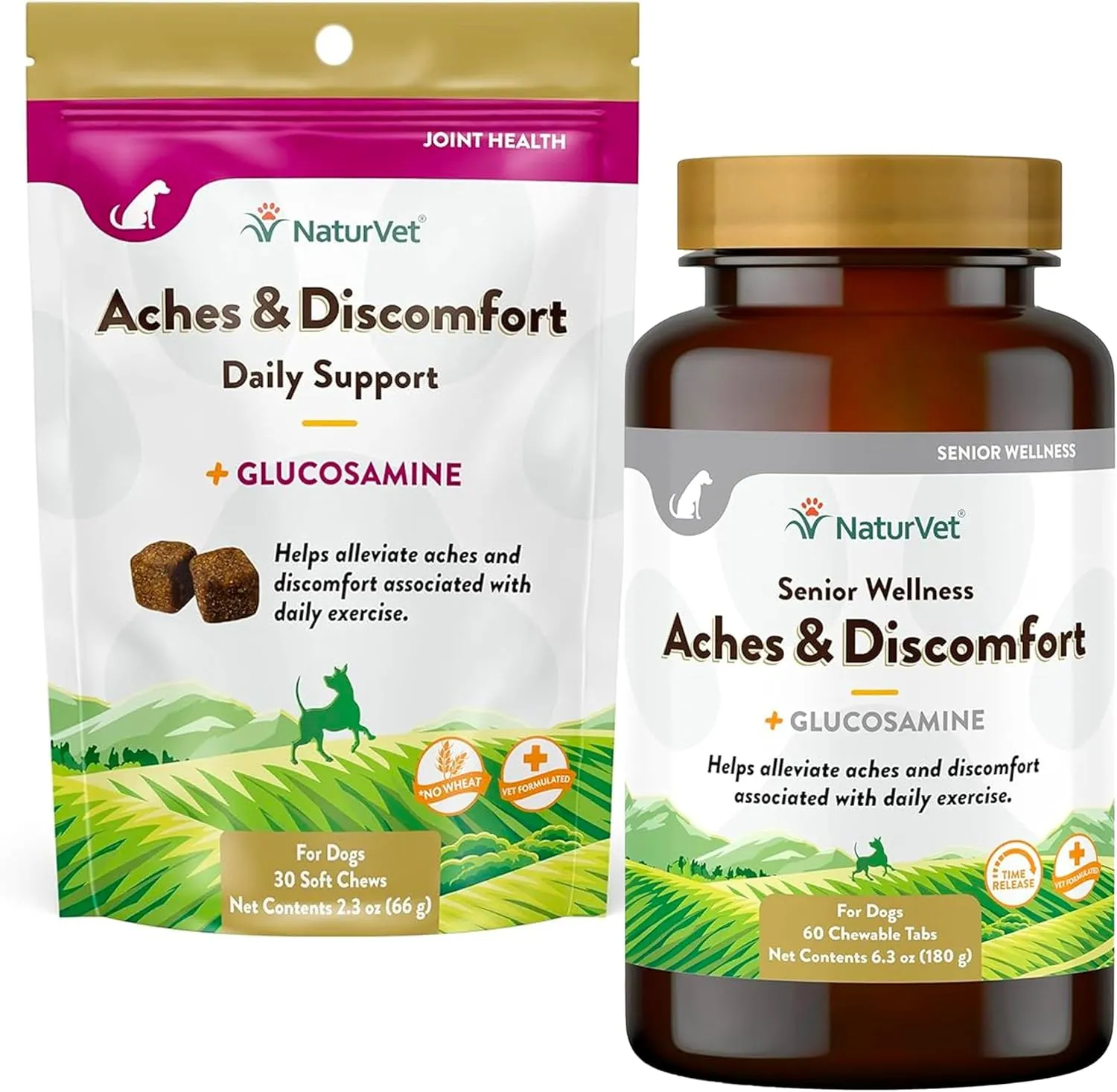 NaturVet Aches & Discomfort Dog Supplement Plus Glucosamine  Supports Canine Joint Health  Helps Relieves Exercise Aches  30 Soft Chews & Senior Wellness Aches & Discomfort for Dogs  60 Chewables