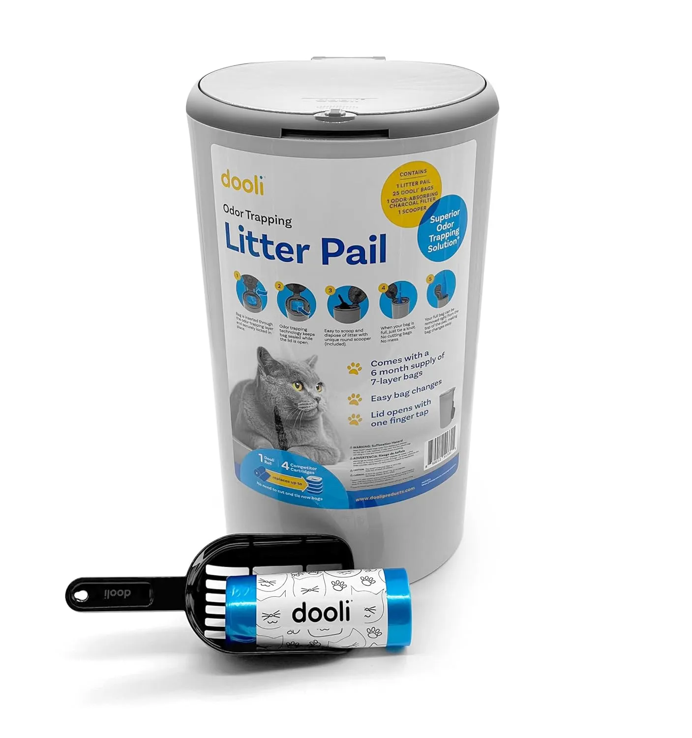 Odor Trapping Litter Pail  Odorless Cat Litter Pail with Lid & 6 Month Supply of Refill Bags and Scooper One-Finger Tap Lid Opening
