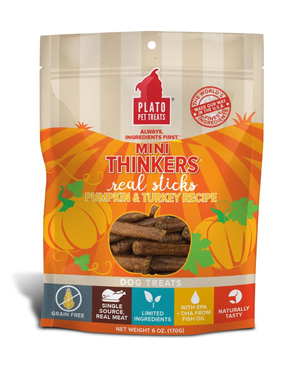 Platos Pet Treats Mini Thinkers Grain Free Pumpkin & Turkey Meat Stick Dog Treats