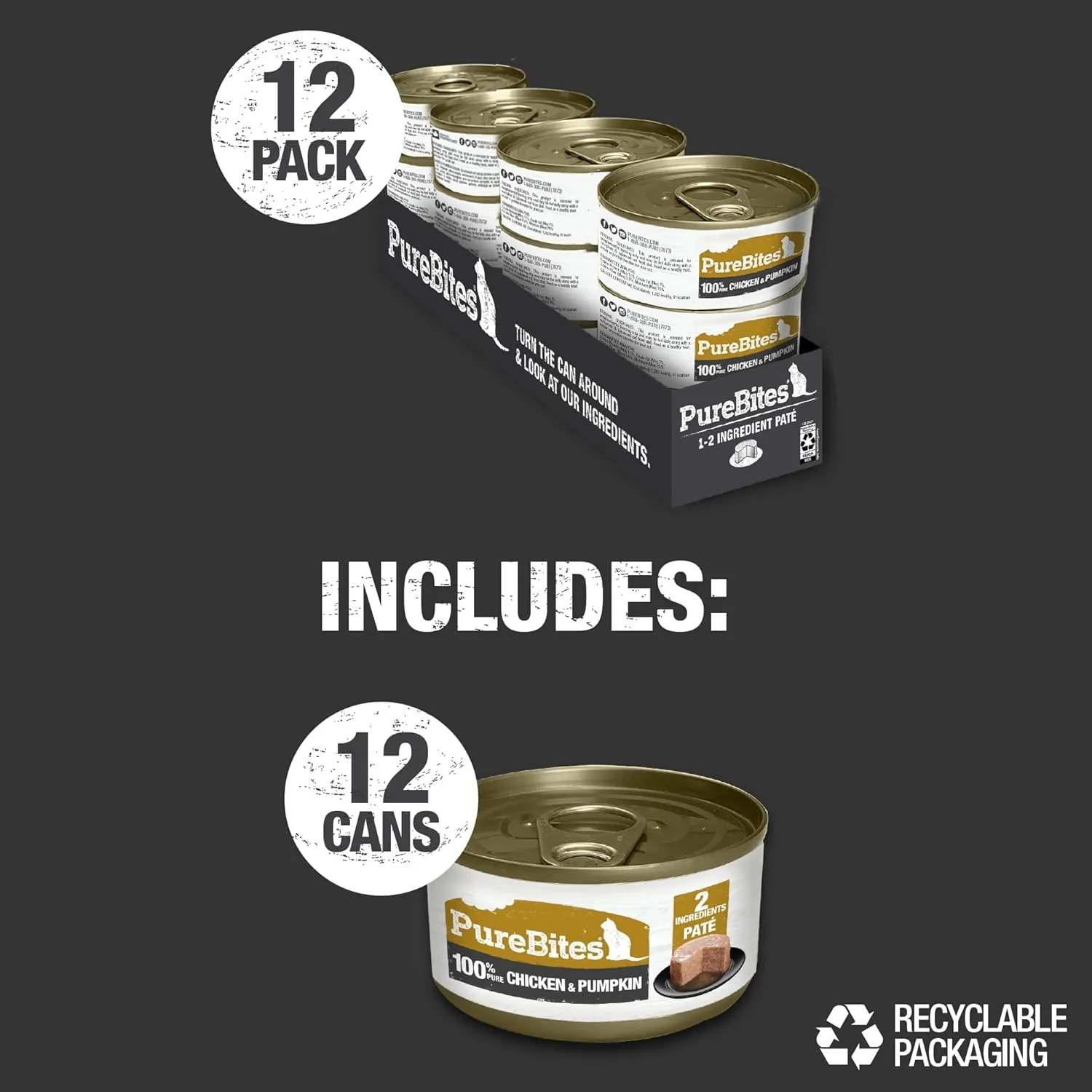 PureBites 100% Pure Chicken & Pumpkin Pate Cat Treat, Single 2.5oz can, only 2 Ingredients, case of 12