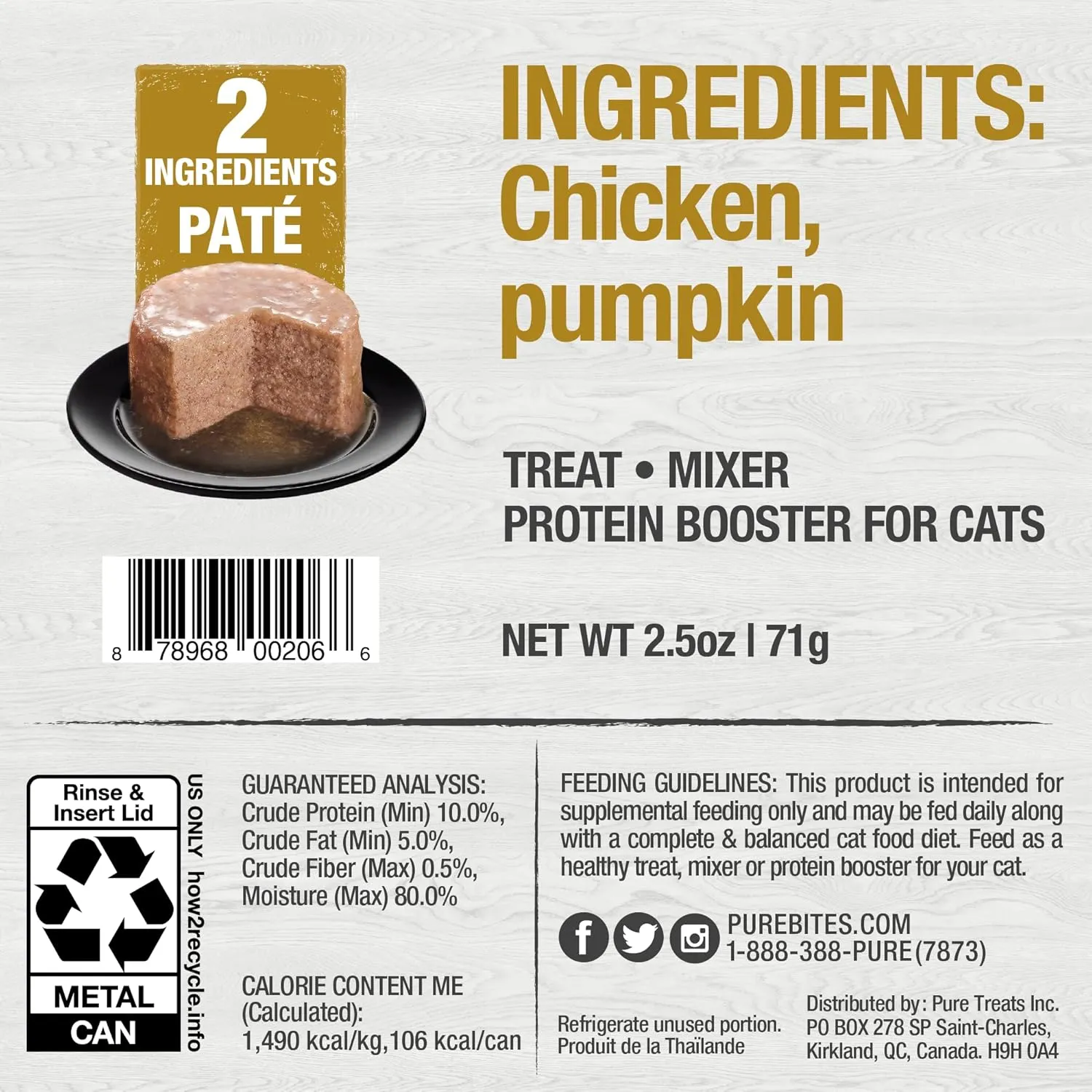 PureBites 100% Pure Chicken & Pumpkin Pate Cat Treat, Single 2.5oz can, only 2 Ingredients, case of 12