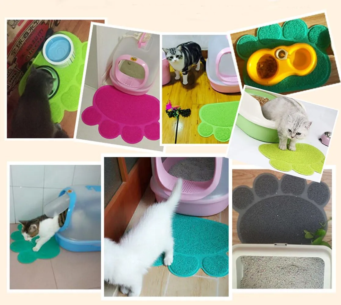 PVC Pet Dog Cat Puppy Kitten Dish Bowl Food Water Feeding Placemat, Non-Slip Cat Litter Mat Paw Shape, Blue Small