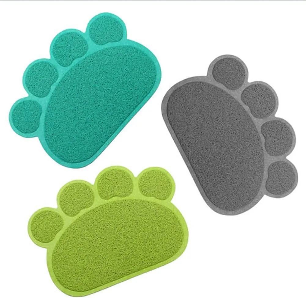 PVC Pet Dog Cat Puppy Kitten Dish Bowl Food Water Feeding Placemat, Non-Slip Cat Litter Mat Paw Shape, Blue Small