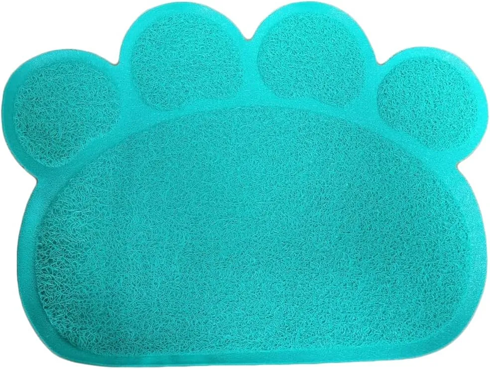 PVC Pet Dog Cat Puppy Kitten Dish Bowl Food Water Feeding Placemat, Non-Slip Cat Litter Mat Paw Shape, Blue Small