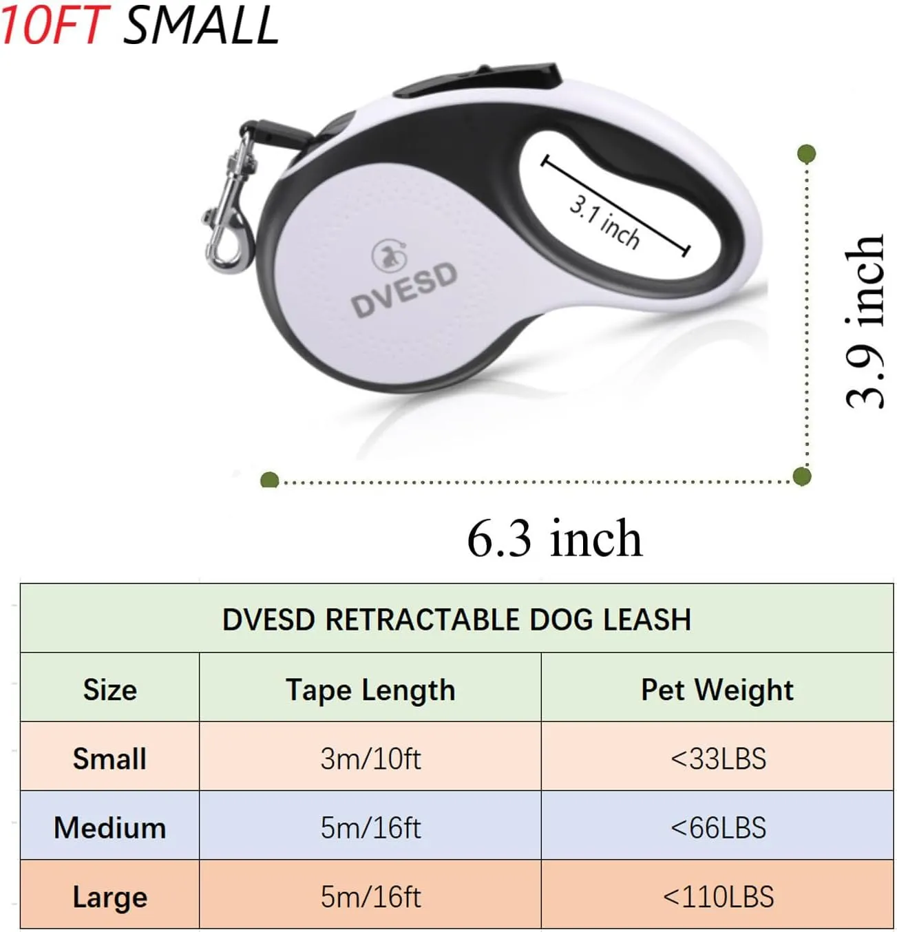 Retractable Dog Leash 10/16 ft for Small/Medium Breeds/Large Pets Up to 110 LBS. 360 Tangle Free Design with One Touch Quick-Lock Braking System&Anti-Slip Handle. (White/Black, Small)