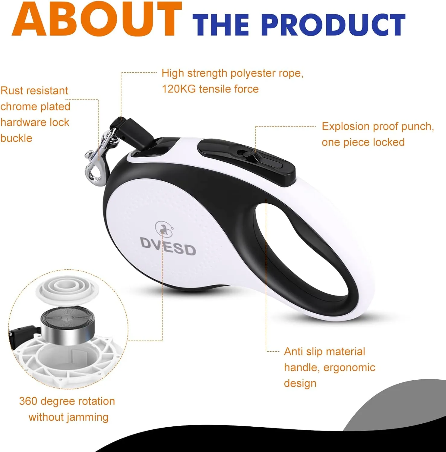 Retractable Dog Leash 10/16 ft for Small/Medium Breeds/Large Pets Up to 110 LBS. 360 Tangle Free Design with One Touch Quick-Lock Braking System&Anti-Slip Handle. (White/Black, Small)