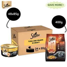 Sheba Tuna Fillet & Whole Prawns in Gravy Premium Cat Wet Food and Chicken Flavour Irresistible All Life Stage Cat Dry Food Combo