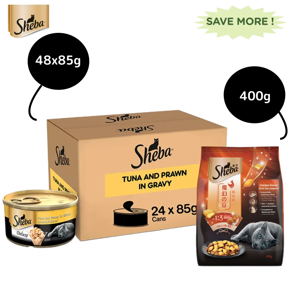 Sheba Tuna Fillet & Whole Prawns in Gravy Premium Cat Wet Food and Chicken Flavour Irresistible All Life Stage Cat Dry Food Combo