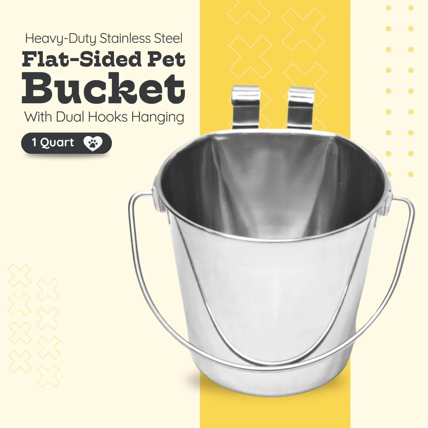 Stainless Steel 1 Qt Flat Back Sided Dog Pails - Dual Hooks Hanging Food & Water Bucket Dogs, Cats, Birds, Kennels, Cages and Critter Crates - Multi Purpose Pets (1 Quarts)