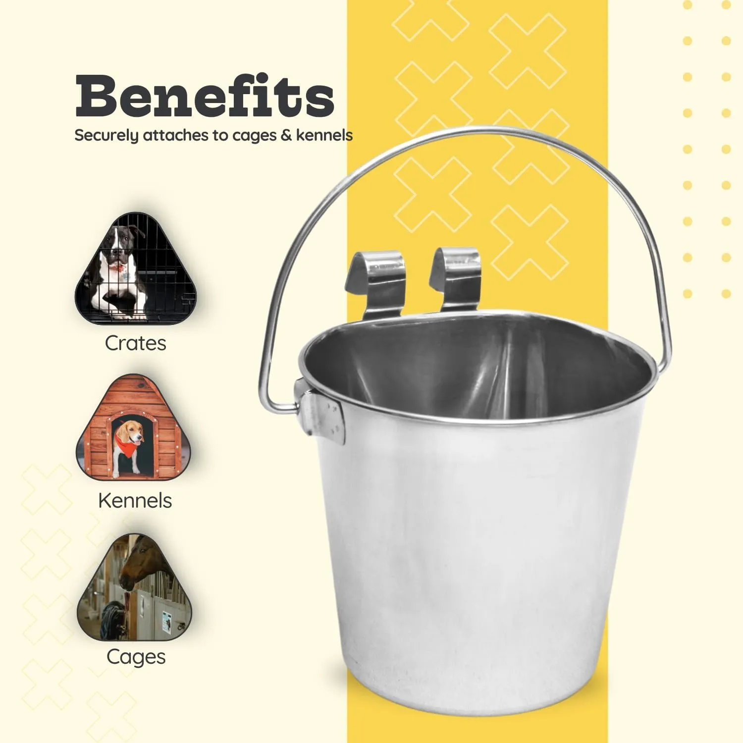 Stainless Steel 1 Qt Flat Back Sided Dog Pails - Dual Hooks Hanging Food & Water Bucket Dogs, Cats, Birds, Kennels, Cages and Critter Crates - Multi Purpose Pets (1 Quarts)