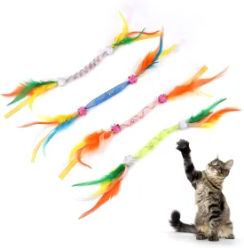 TUSATIY Cat Feather Toys With Bell 4Pack - Colorful Teaser Springs Ribbon Interactive Toys for Indoor Cats and Kittens - Suitable for Biting & Hunting