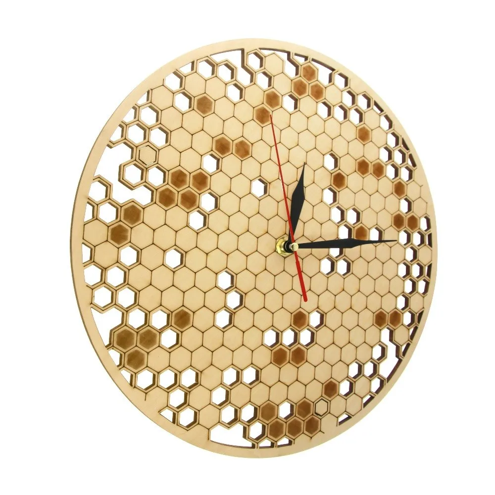 Wood Clock Watch Kitchen Rustic Hanging Clock Modern Geometric Clock Honeycombs Wooden Wall Decor Art Bee Lover Gift for Family