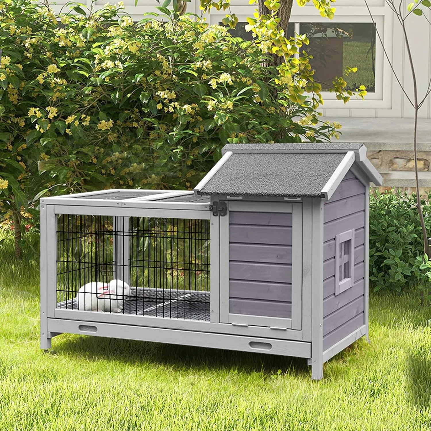 Wooden Rabbit Hutch Indoor and Outdoor, Rabbit Cage with Removable Wire Netting and Leak Proof Tray, Mobile Bunny Cage with Wheels